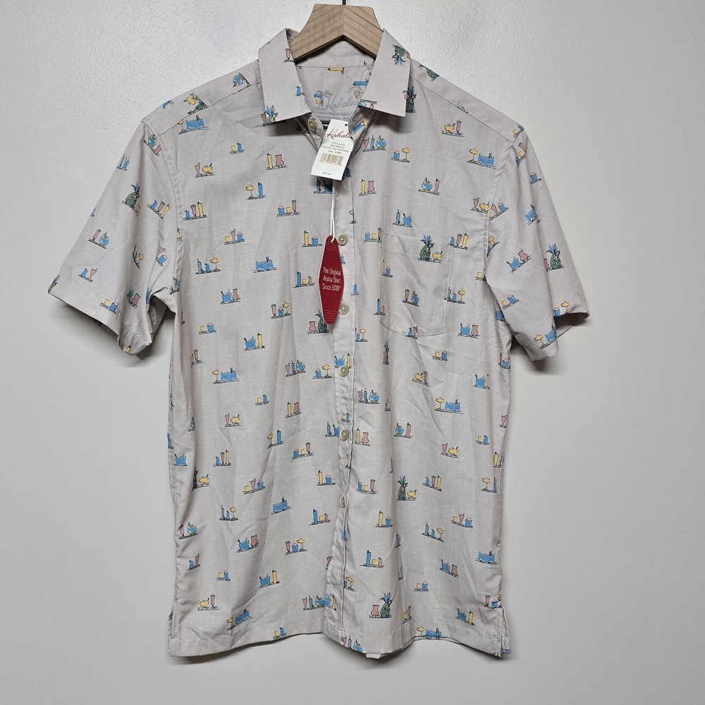 Kahala Men's‎ Hawaiian Aloha Shirt XS Tiki Times Natural Print Short Sleeve NWT